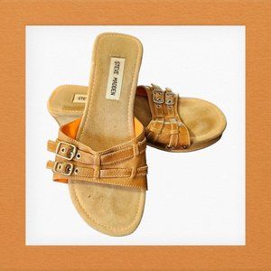 Steve Madden Womens Vtg Y2K Chunky Sandals 7.5 Brown Slides Wood Platform BRAT